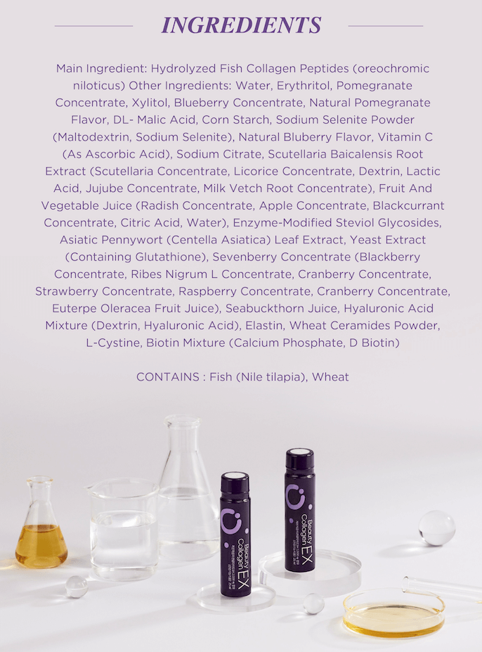 Lifening Beauty Collagen EX ingredients list, featuring marine collagen peptides and antioxidant-rich extracts.