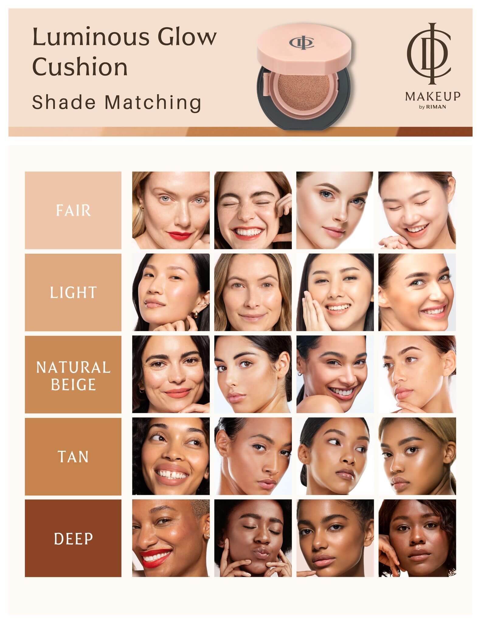 Shade matching guide for ICD Makeup Luminous Glow Cushion showing various skin tones and radiant finishes.