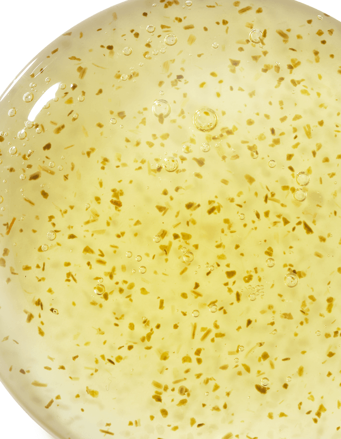 ICD Balancing Gel Cleanser | KBeauty-USA.com showing the gel texture with bubbles and botanical particles.