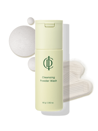 Close-up of Riman Cleansing Powder Wash bottle with soft shadows – exfoliating powder cleanser