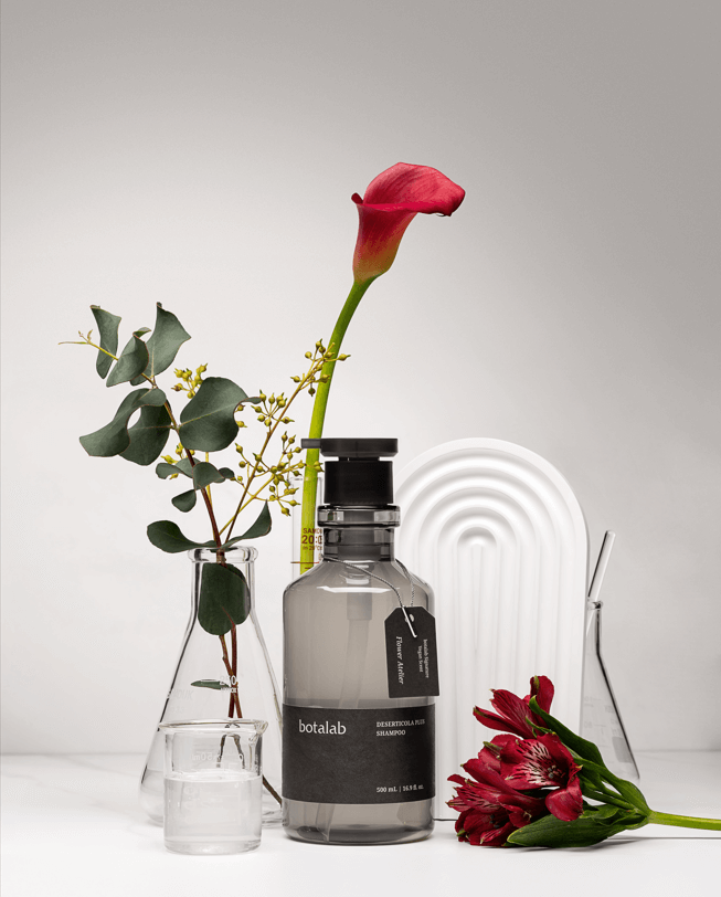 Riman Botalab Deserticola Plus Shampoo bottle placed on natural stone with warm lighting – Korean scalp care