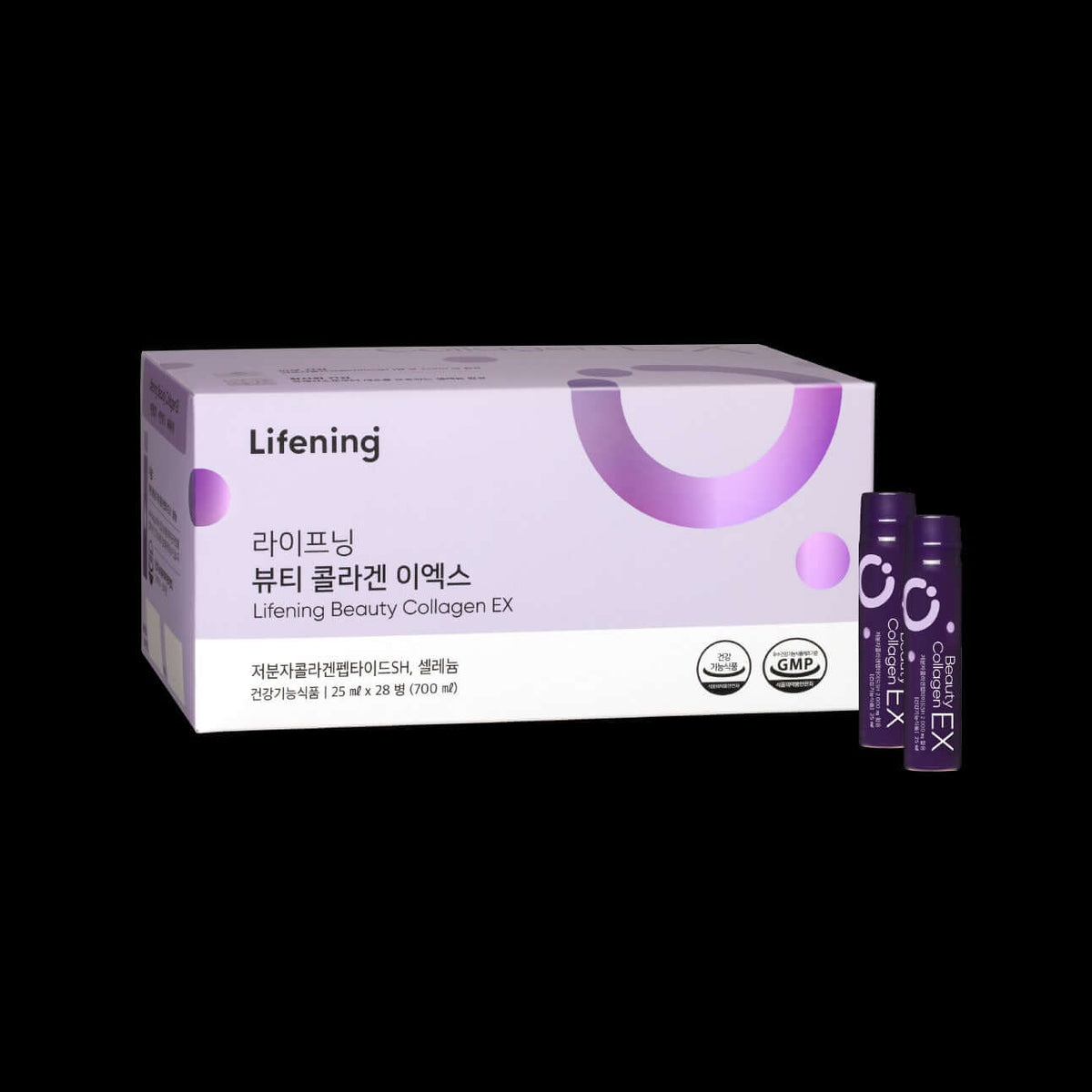 Lifening Beauty Collagen EX box with vials, featuring antioxidants for skin health and blueberry aroma.