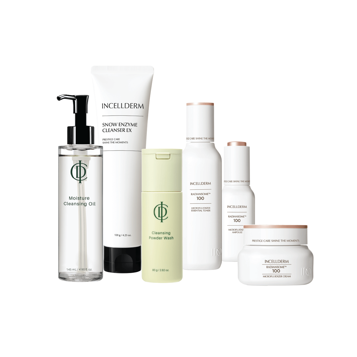 Front-facing display of Riman ICD Advanced Ritual Set components on reflective surface – anti-aging skincare set
