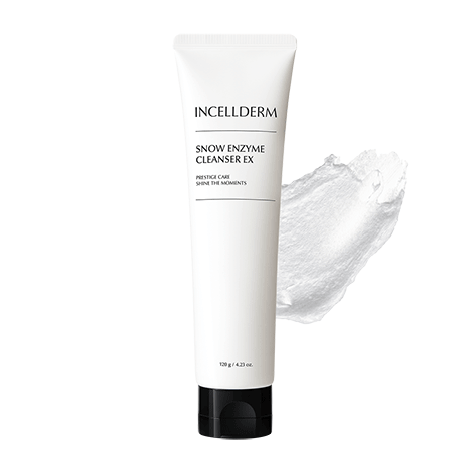 Incellderm Snow Enzyme Cleanser EX tube next to foamy cleanser texture, perfect for gentle, effective cleansing.