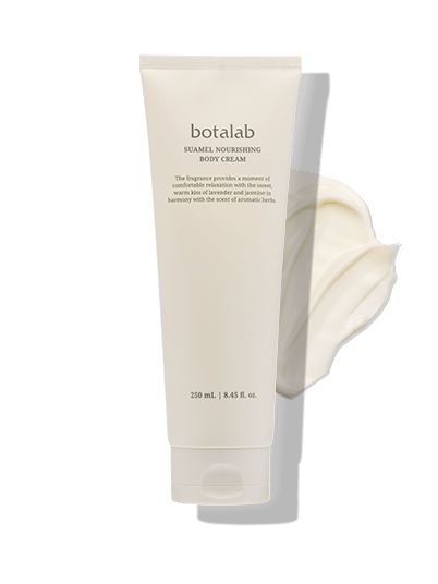 Suwamel Nourishing Body Cream tube with whipped cream texture, enriched with Lactobacillus and hyaluronic acid for hydration.