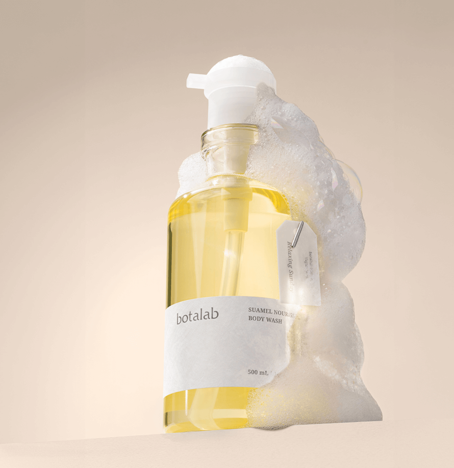 Botalab Suamel Nourishing Body Wash pump bottle with clear yellow liquid and foam – Korean body cleanser