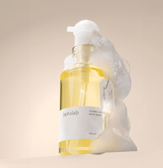 Botalab Suamel Nourishing Body Wash pump bottle with clear yellow liquid and foam – Korean body cleanser