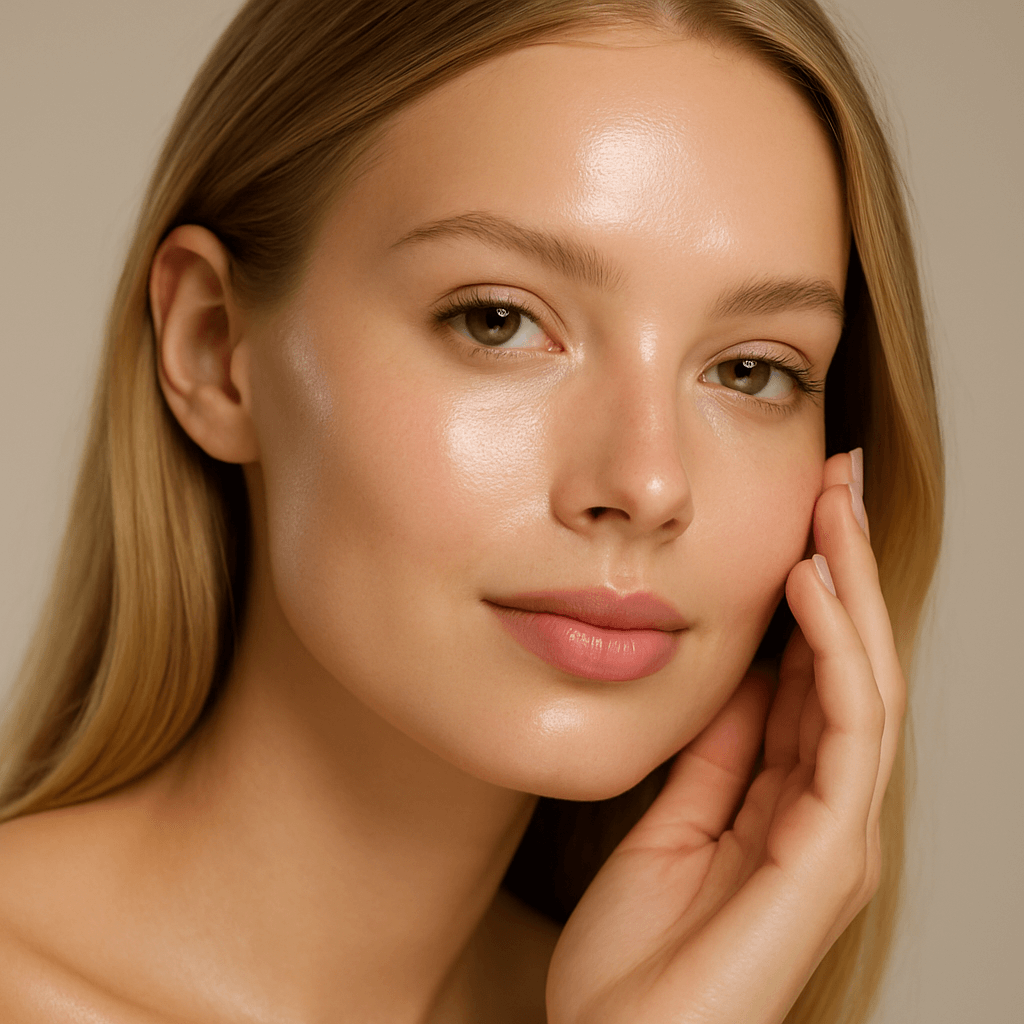 Close-up of a woman showcasing radiant glass skin, representing the effects of RIMAN Skincare K-Beauty products.
