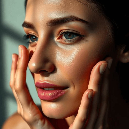 Woman with glowing skin gently touching her face, showcasing healthy skincare and K-Beauty techniques.