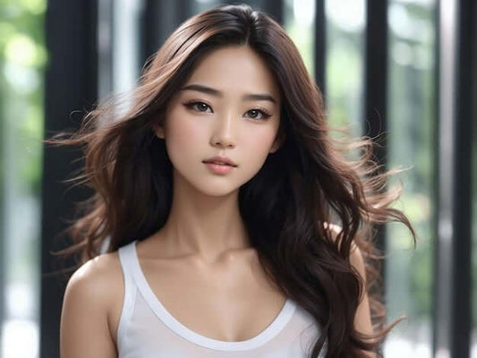 Young woman with long dark hair, glowing skin, and natural makeup, standing in soft natural light.