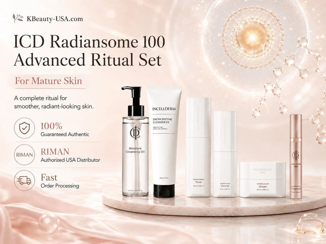 ICD Radiansome 100 Advanced Ritual Set: The Complete RIMAN Routine for Mature, Dull-Looking Skin displayed with products.