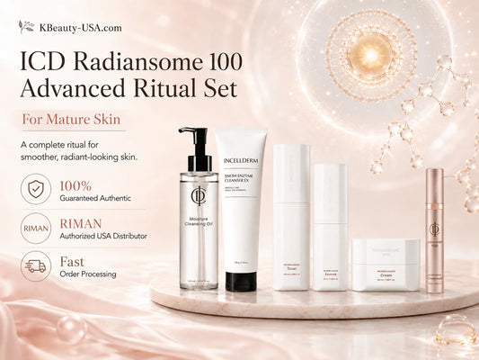 ICD Radiansome 100 Advanced Ritual Set: The Complete RIMAN Routine for Mature, Dull-Looking Skin displayed with products.