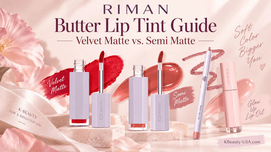 RIMAN ICD Butter Lip Tint Guide: Velvet Matte vs. Semi Matte, Shades, and Lip Liner Pairings with product visuals.