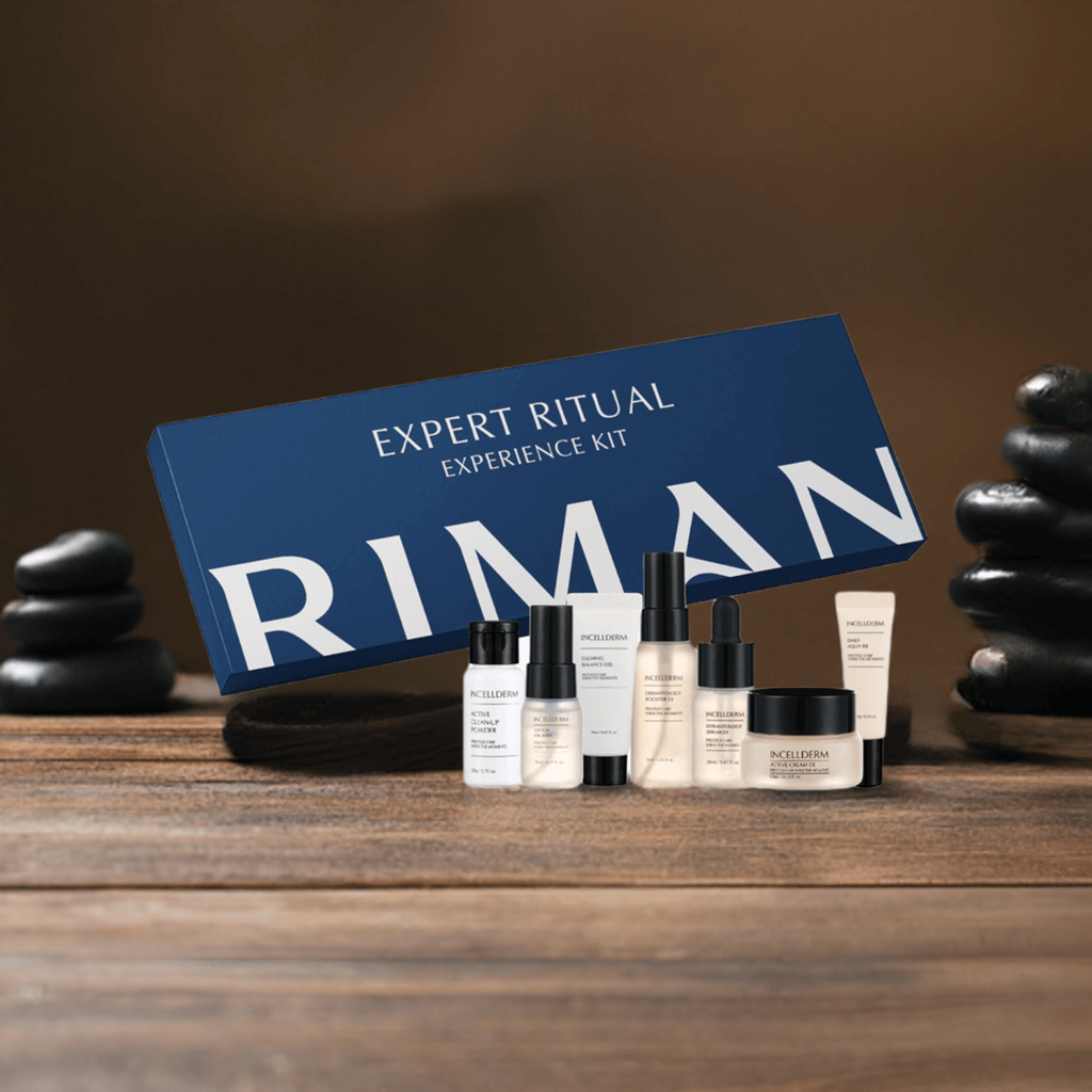 Riman Expert Ritual Experience Kit displayed with skincare products on a wooden surface.