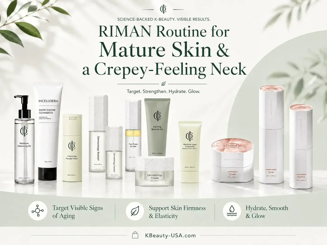 RIMAN Routine for Mature Skin and a Crepey-Feeling Neck products displayed on a white background with greenery.