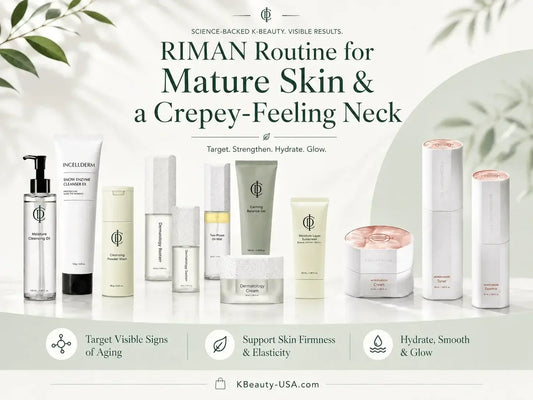 RIMAN Routine for Mature Skin and a Crepey-Feeling Neck products displayed on a white background with greenery.