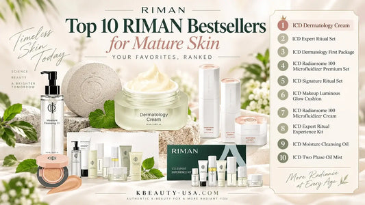 Top 10 RIMAN Bestsellers for Mature Skin featured in a collage, highlighting the top products for skincare.