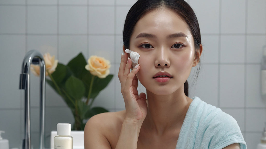 Woman applying skincare product in a bathroom with roses, embodying K-beauty routine for glowing skin.