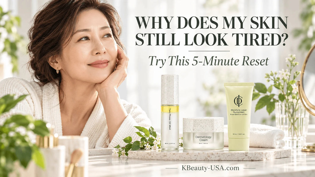 Why Your Skin Still Looks Tired After Your Skincare Routine with skincare products and a thoughtful woman.