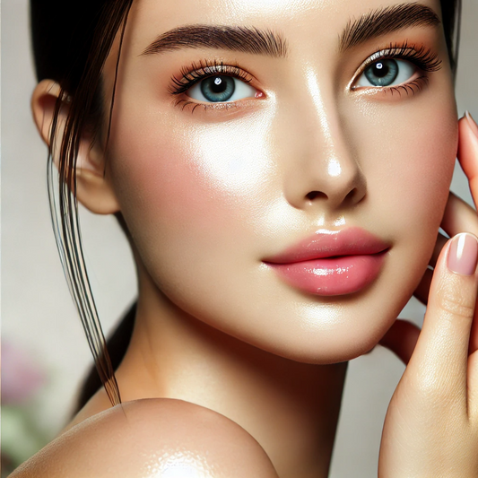 Close-up of a model showcasing radiant, glowing skin with soft makeup highlighting a Korean glass skin look.