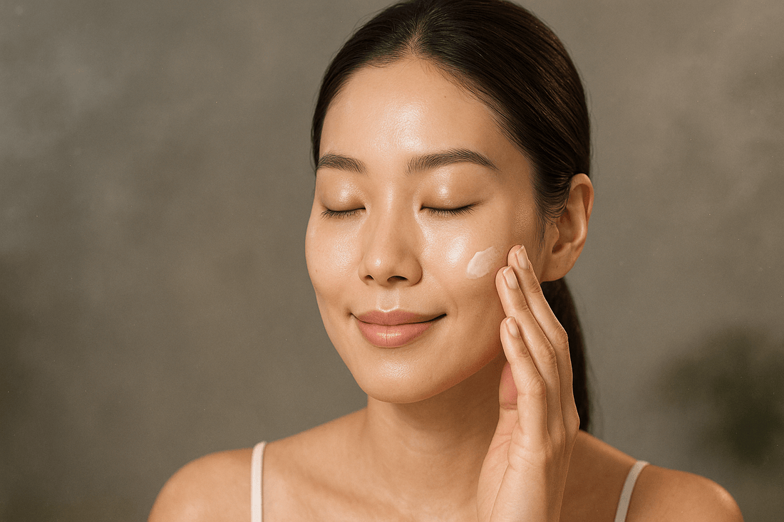 Woman applying skincare cream to her face, demonstrating a glowing complexion and healthy skin routine.