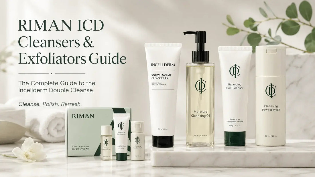 RIMAN ICD Cleansers & Exfoliators: The Complete Guide to the Incellderm Double Cleanse products displayed on a countertop.
