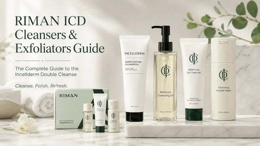 RIMAN ICD Cleansers & Exfoliators: The Complete Guide to the Incellderm Double Cleanse products displayed on a countertop.