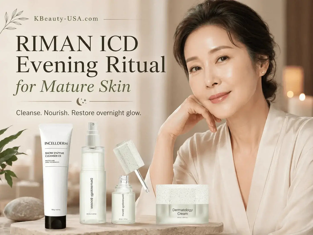 RIMAN ICD Evening Ritual for Mature Skin with skincare products and a glowing model presenting the nighttime routine.
