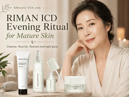 RIMAN ICD Evening Ritual for Mature Skin with skincare products and a glowing model presenting the nighttime routine.