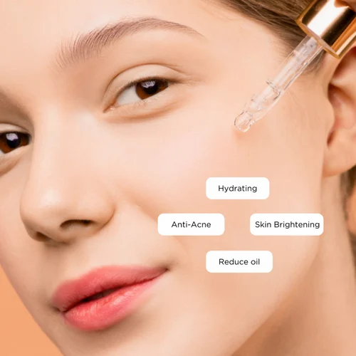 Close-up of a young woman's face with a dropper and labels for hydrating, anti-acne, skin brightening, and reducing oil.