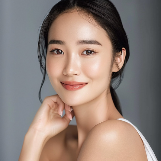 Radiant woman with glowing skin, showcasing a natural beauty look reflecting the glass skin trend.
