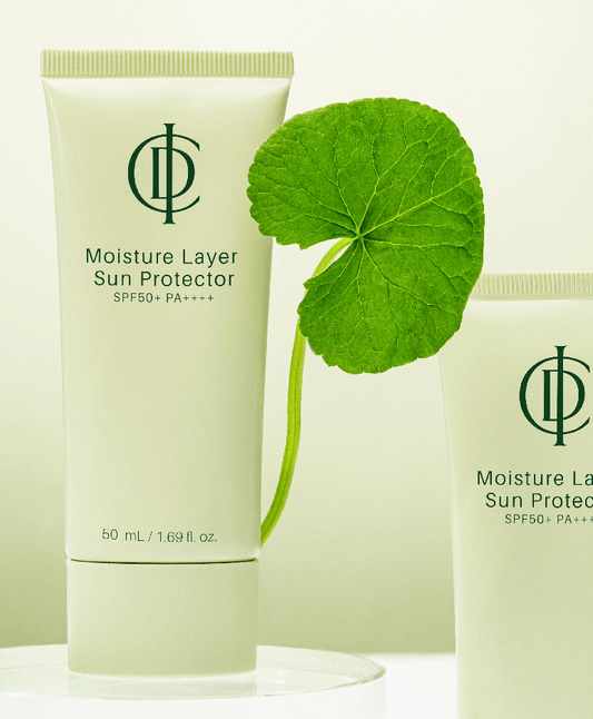 ICD Moisture Layer Sunscreen SPF 50+ with hydrating ingredients, featuring a natural leaf for a fresh look.