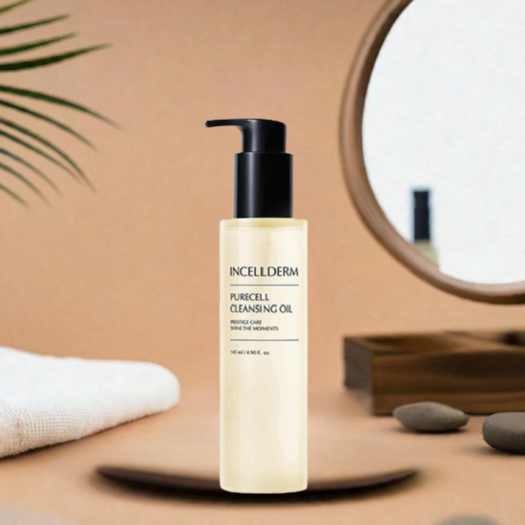 "Incellderm Purecell Cleansing Oil bottle on a bathroom vanity with mirror and spa decor"