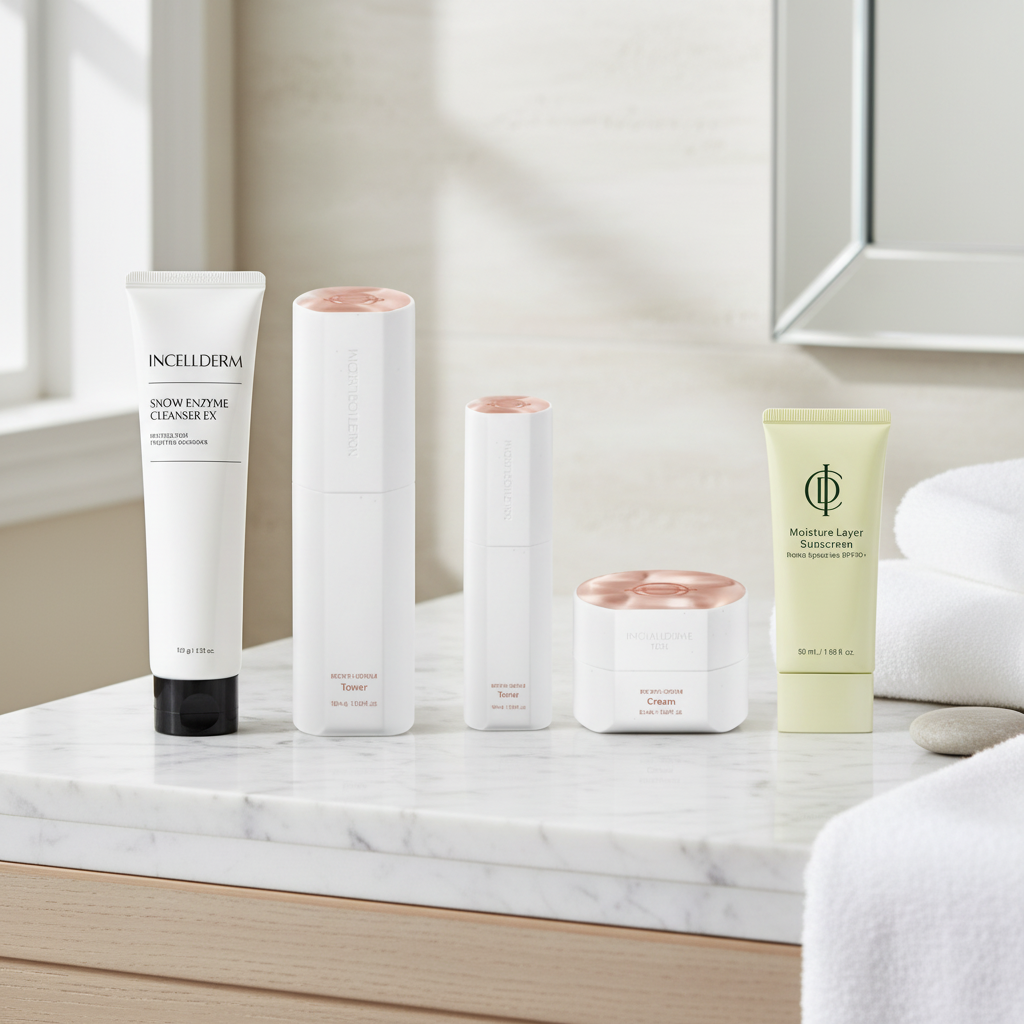 Set of skincare products with visible brand names on a light blue background