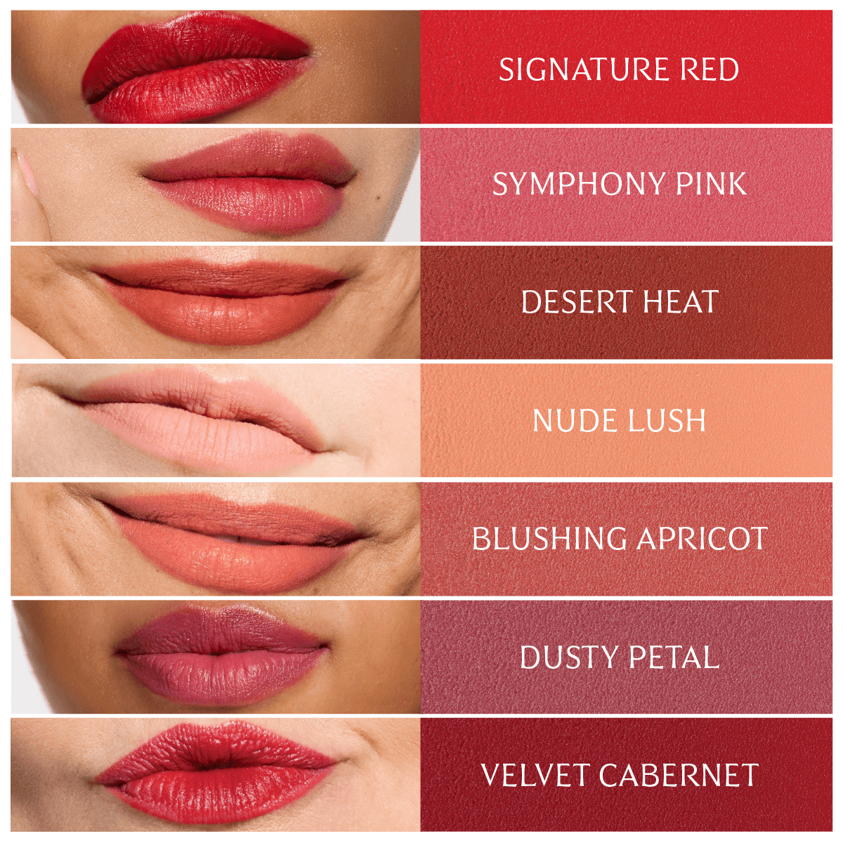 ICD Makeup Butter Lip Tint Velvet Matte shades: Signature Red, Symphony Pink, Desert Heat, Nude Lush, Blushing Apricot, Dusty Petal, Velvet Cabernet.