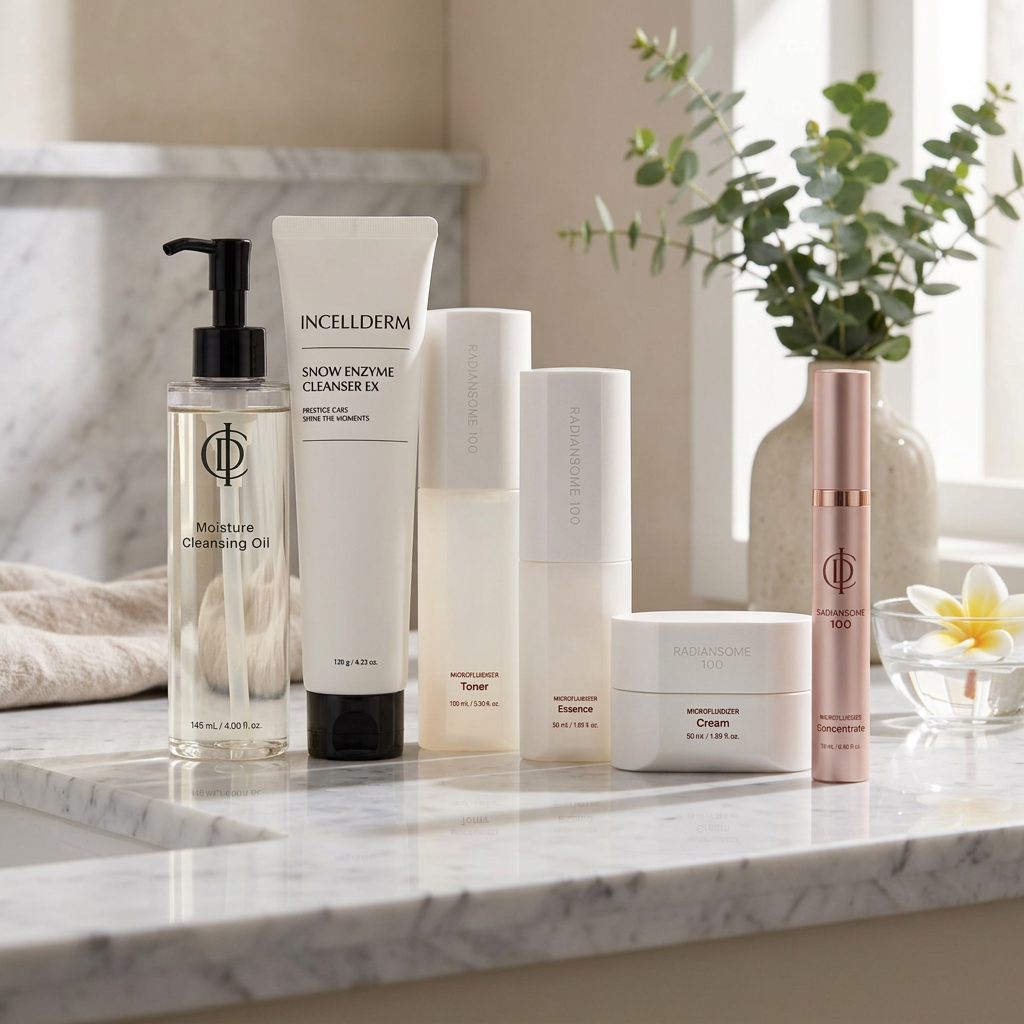 A six-piece skincare set from INCELDERM and CHAOPING on a solid white background. The set includes a clear bottle of Moisture Cleansing Oil with a black pump, a white tube of Snow Enzyme Cleanser, a white bottle of Toner, a white bottle of Essence, a white jar of Cream, and a rose gold tube of Microblading Serum.