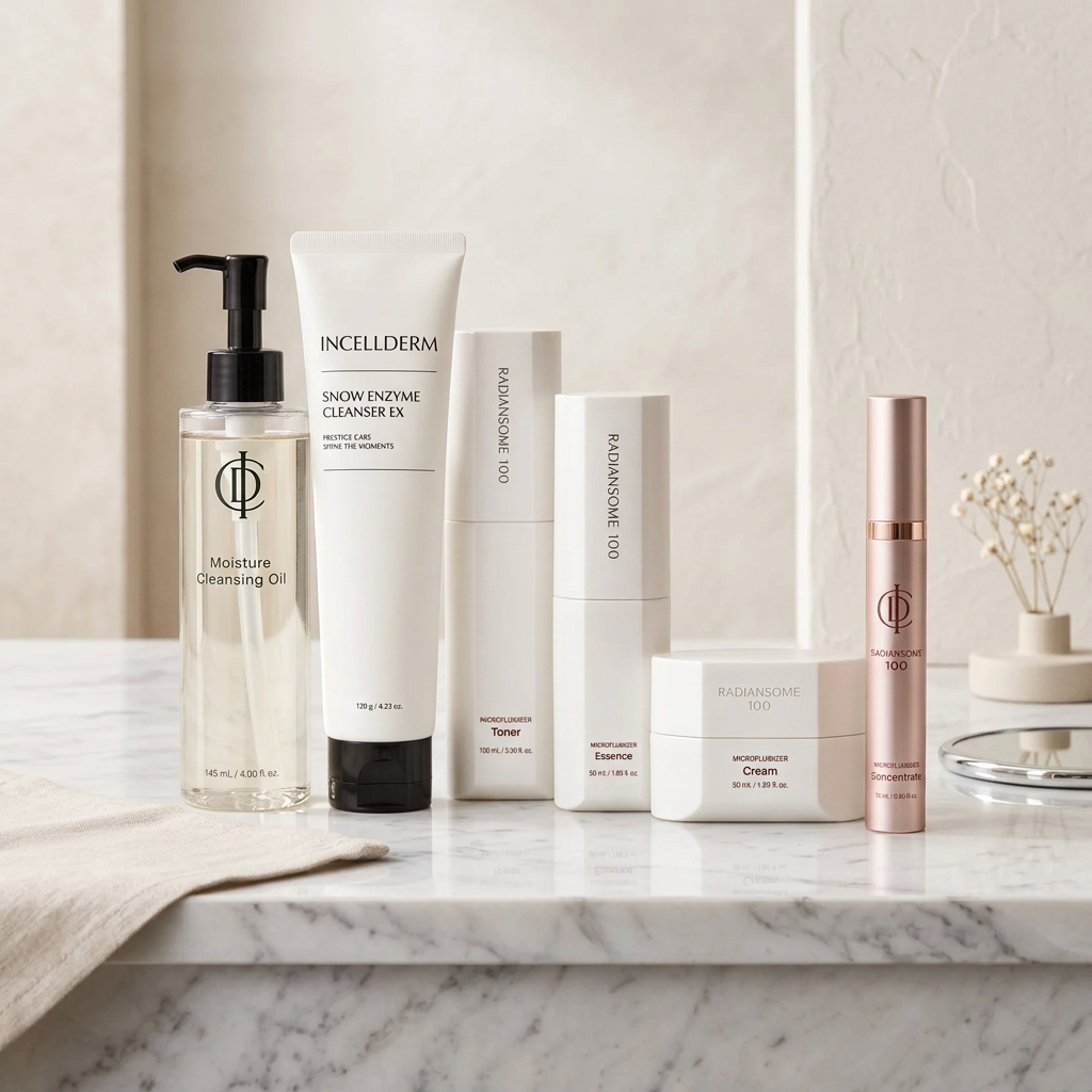 A six-piece skincare set from INCELDERM and CHAOPING on a solid white background. The set includes a clear bottle of Moisture Cleansing Oil with a black pump, a white tube of Snow Enzyme Cleanser, a white bottle of Toner, a white bottle of Essence, a white jar of Cream, and a rose gold tube of Microblading Serum.