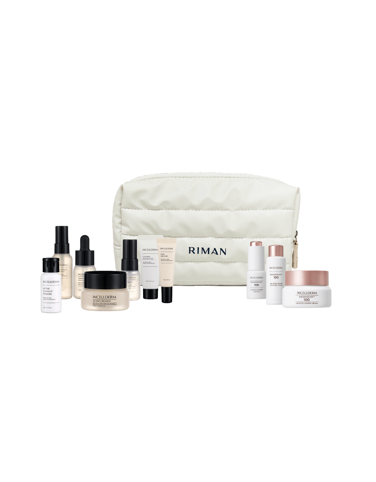 Ultimate RIMAN Ritual Travel Kit featuring essential travel-sized skincare products in a stylish bag.