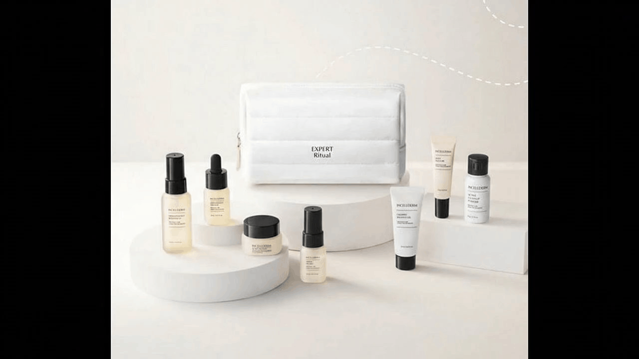 Incellderm Expert Ritual Travel Kit featuring travel-sized skincare products in stylish pouch.