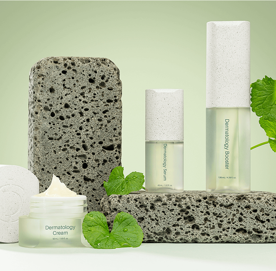 ICD Dermatology First Package featuring a serum, booster, and cream for radiant skin on a textured background.