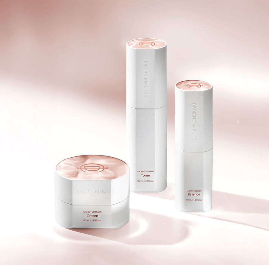 ICD Radiansome 100 Microfluidizer Premium Set showcasing cream, toner, and essence in elegant packaging