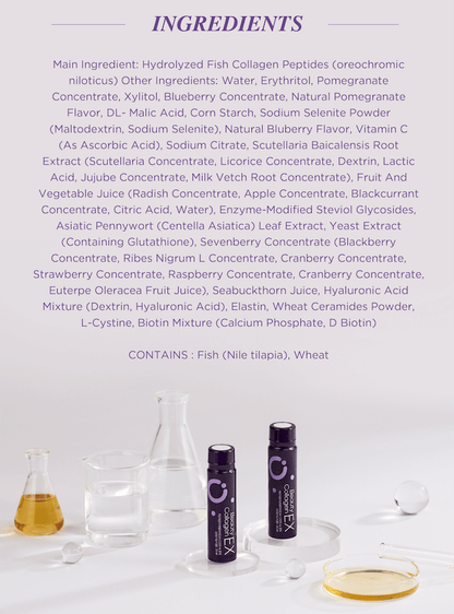 Lifening Beauty Collagen EX ingredients list, featuring marine collagen peptides and antioxidant-rich extracts.