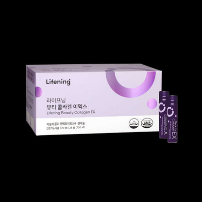 Lifening Beauty Collagen EX box with vials, featuring antioxidants for skin health and blueberry aroma.