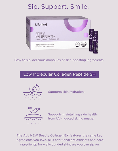 Lifening Beauty Collagen EX box and ampoules for skin hydration and UV protection, featuring low molecular collagen peptides.