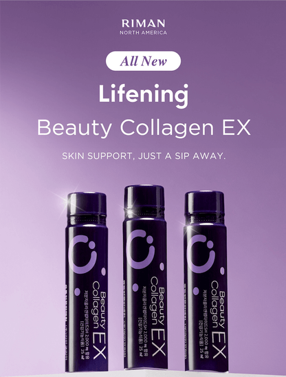 Lifening Beauty Collagen EX bottles featuring antioxidant skin support and a delicious blueberry aroma.