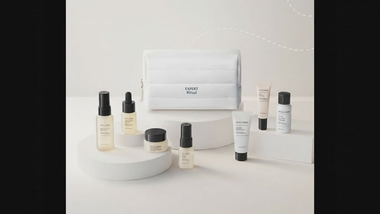 Incellderm Expert Ritual Travel Kit featuring travel-sized skincare products in a convenient pouch.
