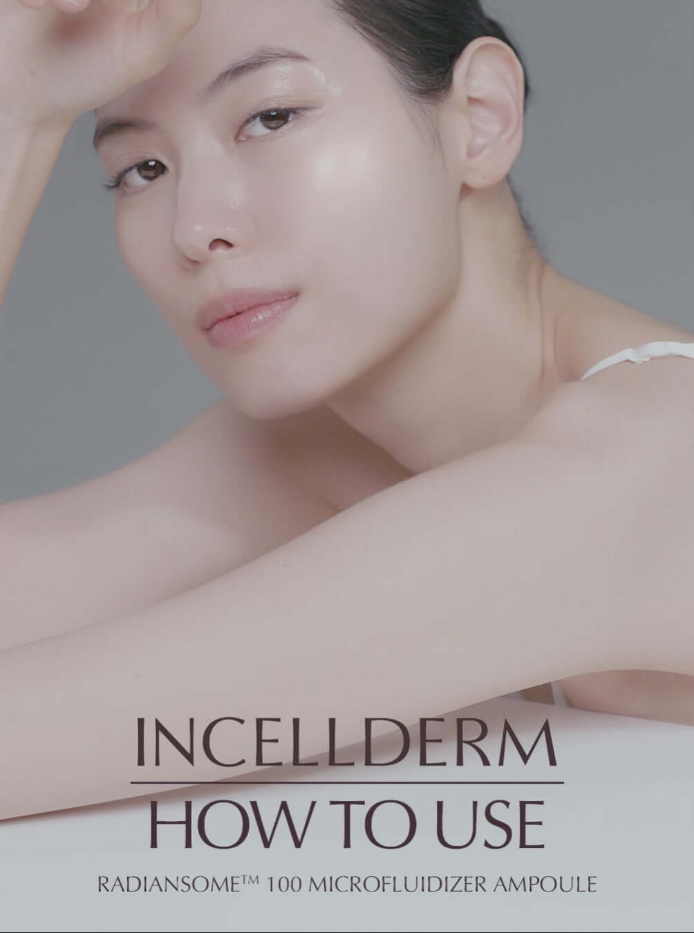 RADIANSOME 100 Microfluidizer Ampoule usage guide with model showing application for instant hydration and glow.