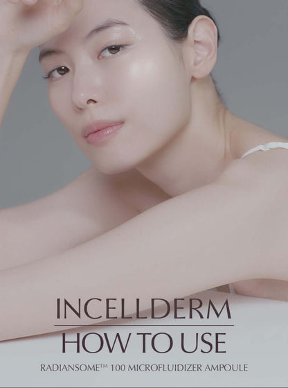 RADIANSOME 100 Microfluidizer Ampoule usage guide with model showing application for instant hydration and glow.