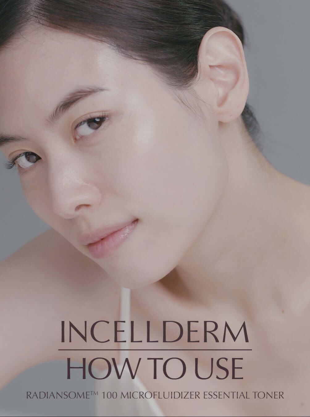 Woman demonstrating how to use RADIANSOME 100 Microfluidizer Essential Toner for glowing skin.