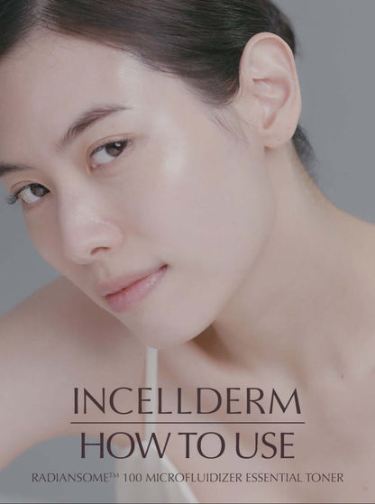 Woman demonstrating how to use RADIANSOME 100 Microfluidizer Essential Toner for glowing skin.